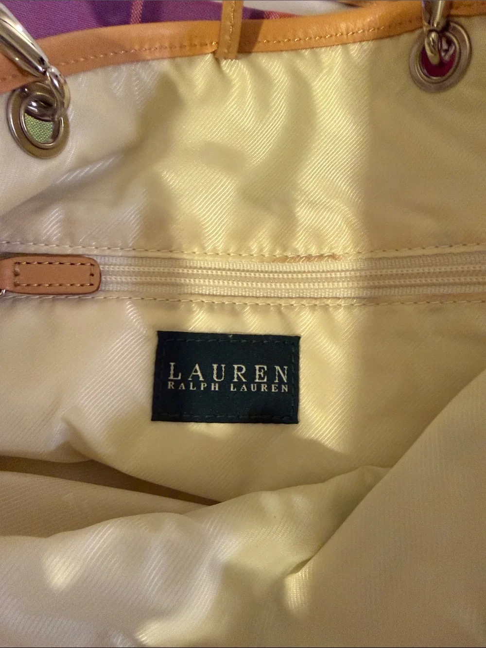 Lauren Ralph Lauren Madras Preppy Plaid Tote with Tan Leather Handles NWT